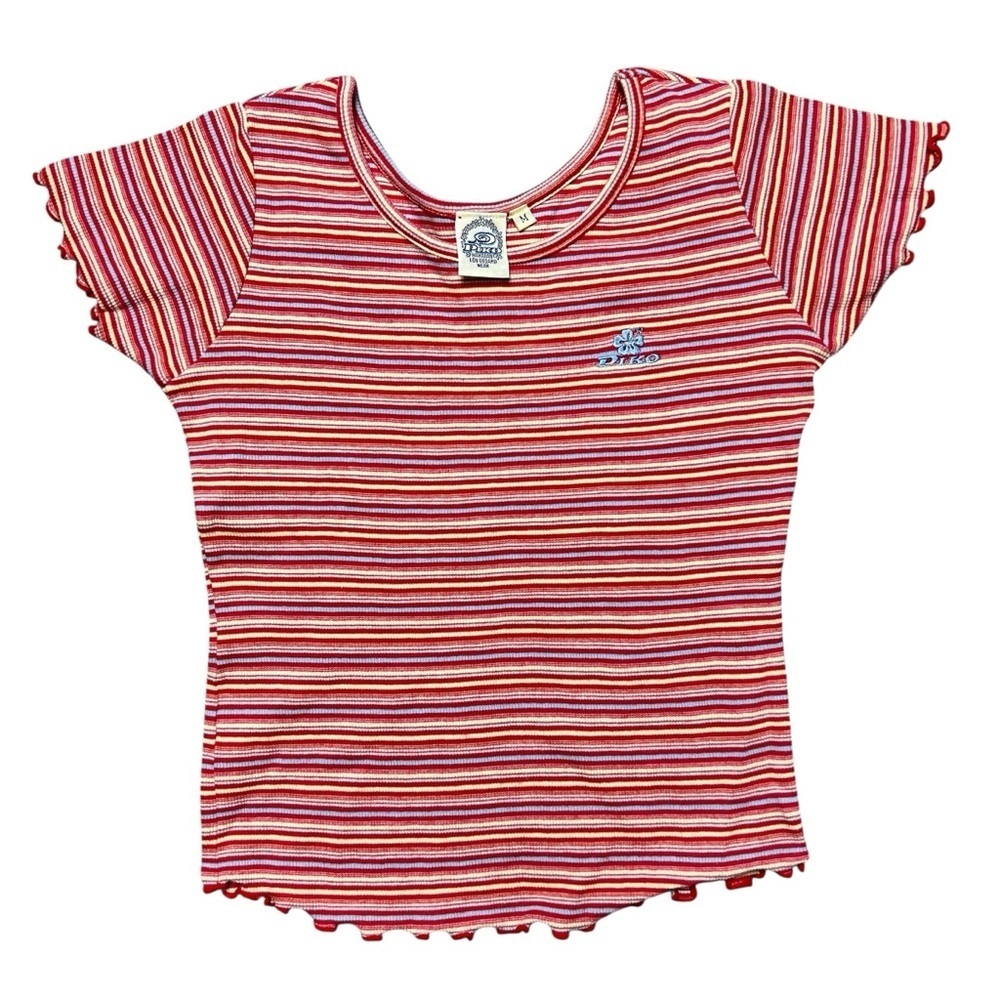 Vintage Y2K Piko Hawaiian Surf Skate Baby Tee Striped Lettuce Edge Trim Size M